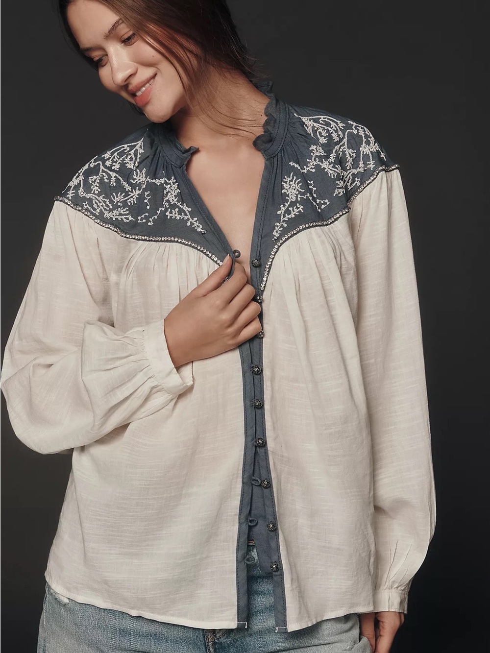 Anthropologie Embroidered Western Yoke Button Front Blouse Pilcro Small